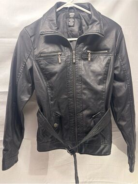 Miss Lili Black Faux Leather Moto Jacket Small Belted Zip Biker Jacket